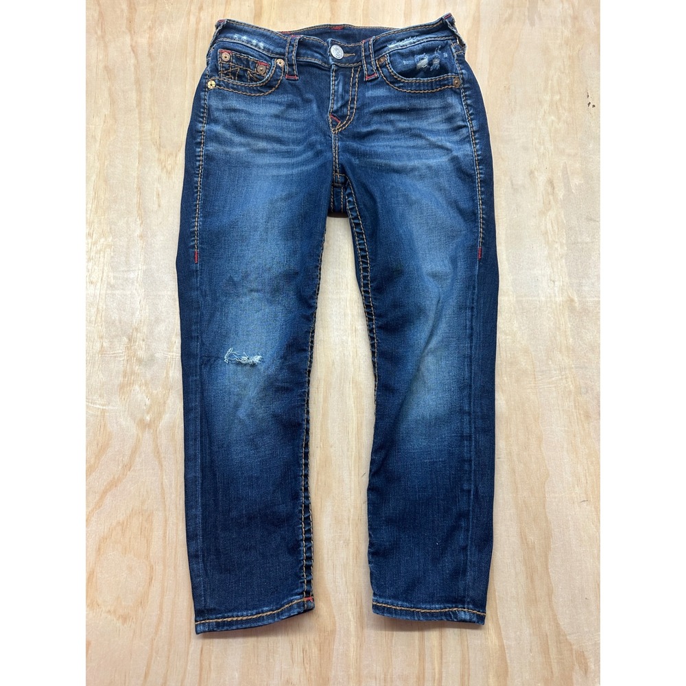 True Religion World Tour Section Capri Jeans Medium Wash Distressed Size 26